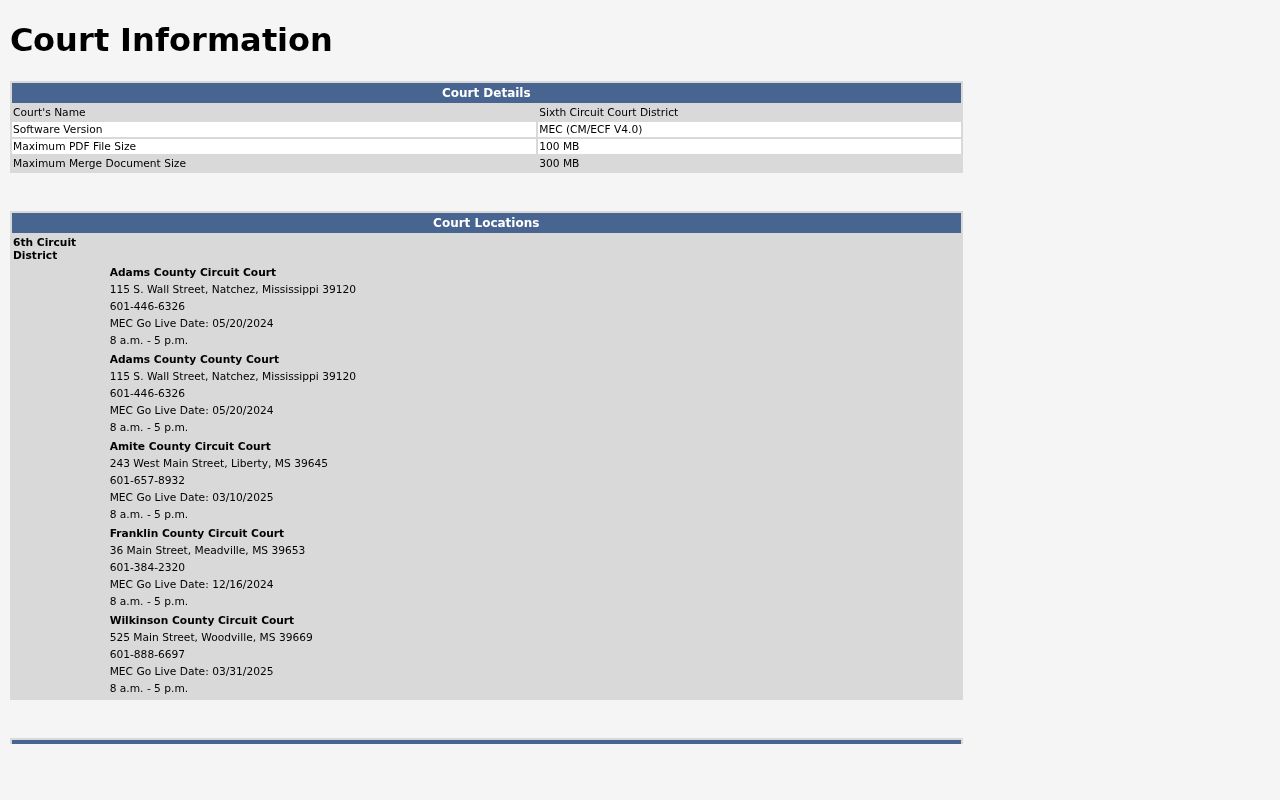 Amite County Sixth Circuit MEC court information page showing bench warrant status flag definitions