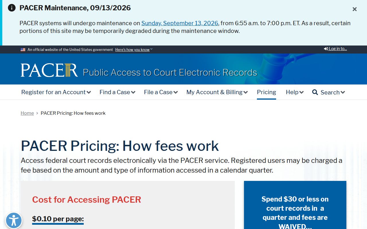 PACER federal court docket pricing page covering Amite County Southern District of Mississippi warrant searches