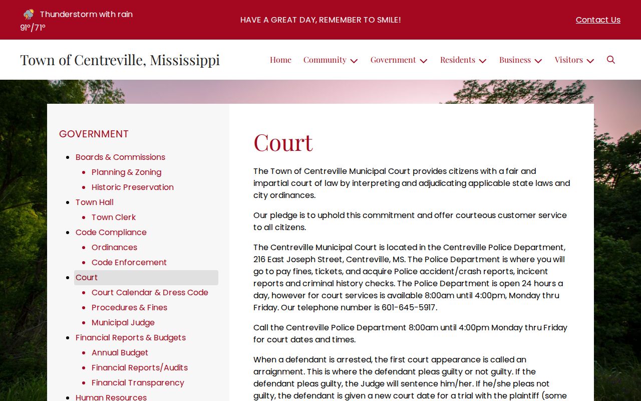 Centreville Municipal Court official page describing the active warrant file and bench warrant process in Amite County