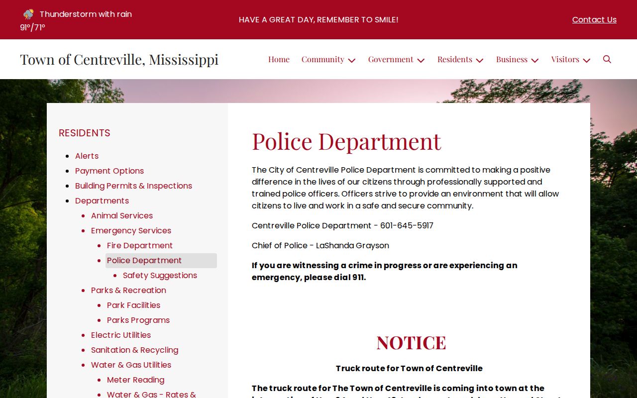Centreville Police Department official contact page showing the Town Hall relocation notice for Amite County warrant records