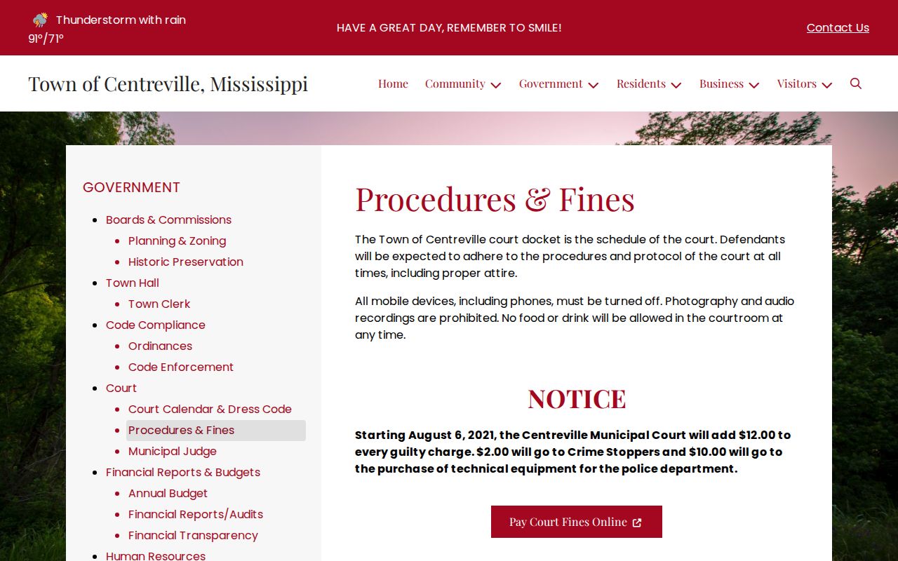 Centreville Municipal Court procedures and fines page listing the guilty-charge assessment schedule in Amite County